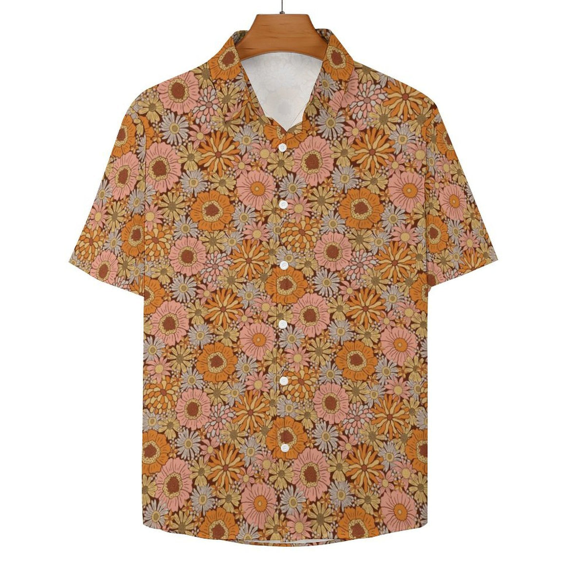 Orange Retro Floral Women's Collared Pocketless Short Sleeve Shirt