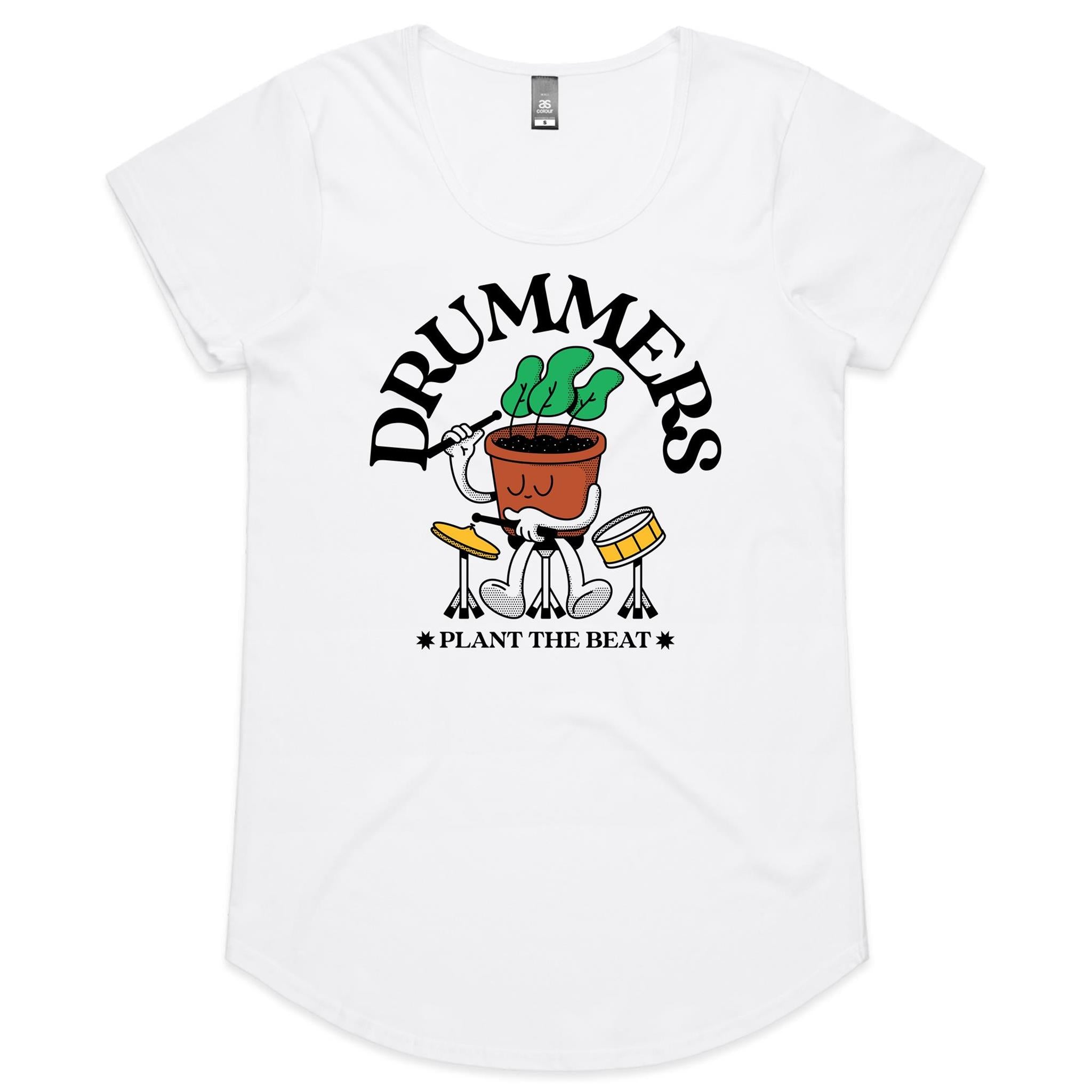 Drummers Plant The Beat - Womens Scoop Neck T-Shirt White Womens Scoop Neck T-shirt Music Printed In Australia