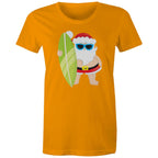Surfing Santa - Womens T-shirt Orange Womens Christmas T-shirt Christmas Printed In Australia