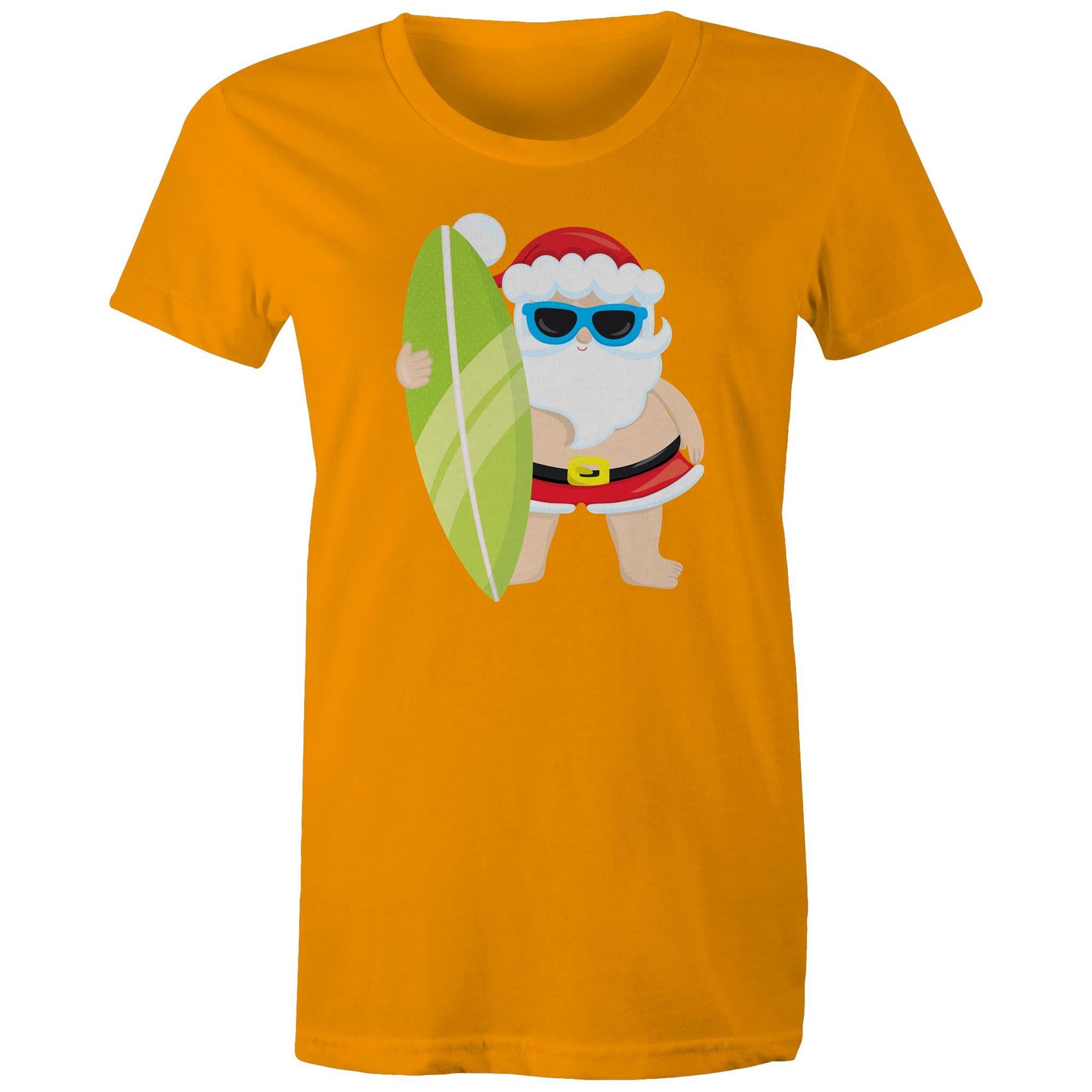 Surfing Santa - Womens T-shirt Orange Womens Christmas T-shirt Christmas Printed In Australia