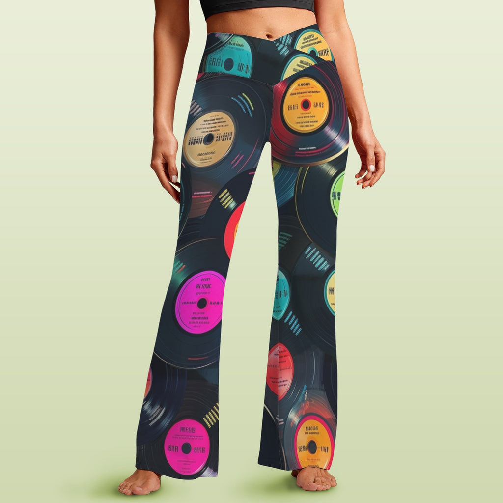 Retro Vinyl Records High Waist Crossover Tummy Control Flare Leggings 5XL High Waist Flare Leggings Music Printed Offshore
