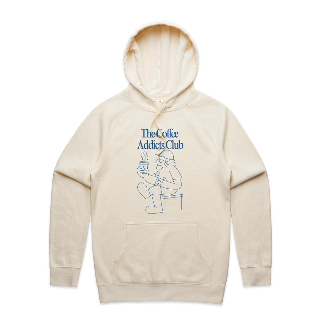 The Coffee Addicts Club - Mens Hoodie Ecru Mens Hoodie Coffee Printed In Australia