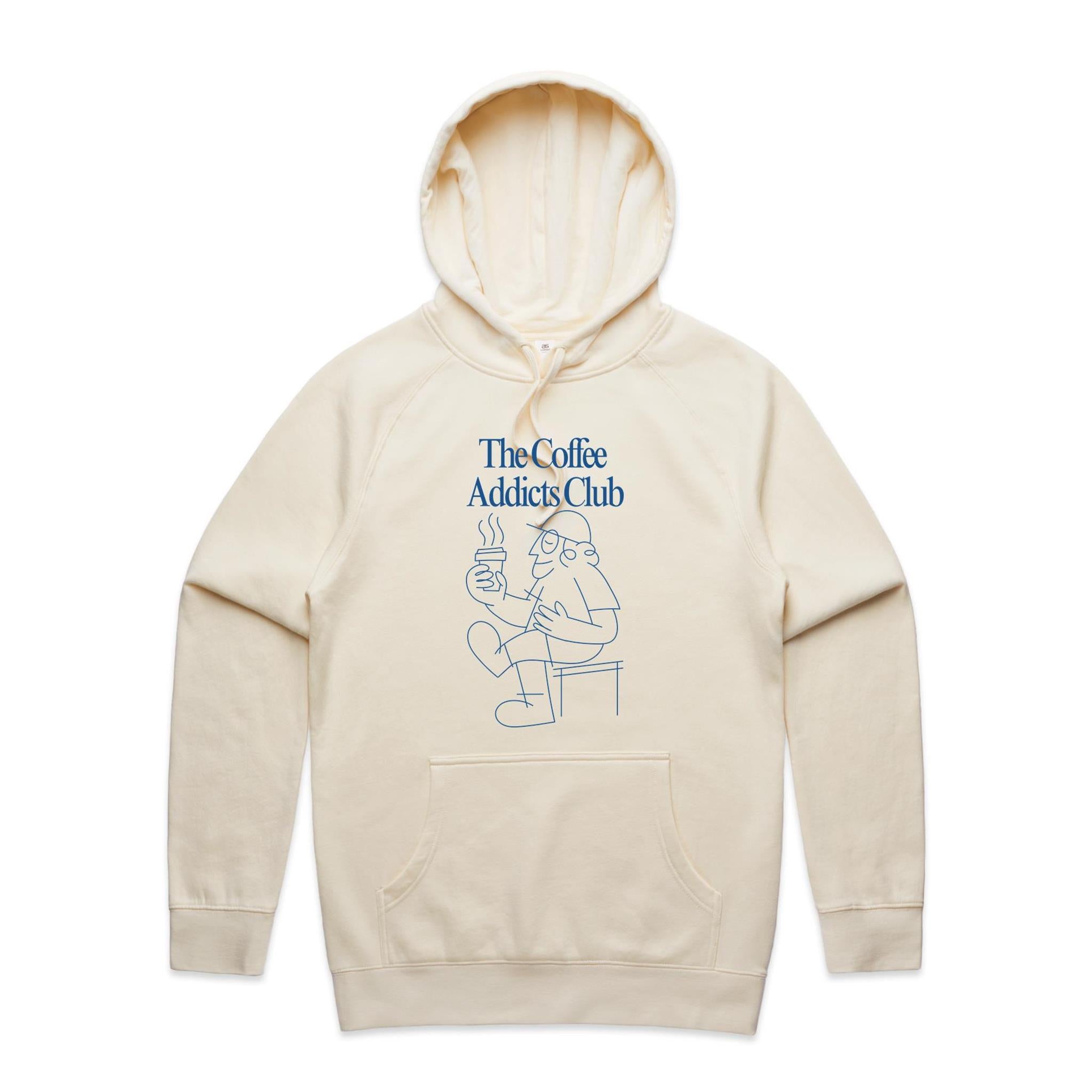 The Coffee Addicts Club - Mens Hoodie Ecru Mens Hoodie Coffee Printed In Australia