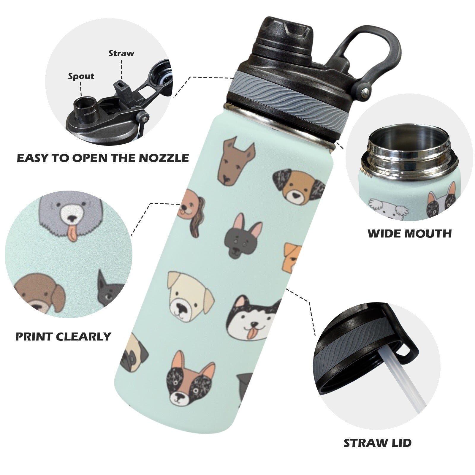 Dog Faces - Insulated Water Bottle with Dual-Use Lid (18oz) Insulated Water Bottle with Dual-Use Lid (18oz) animal Printed Offshore