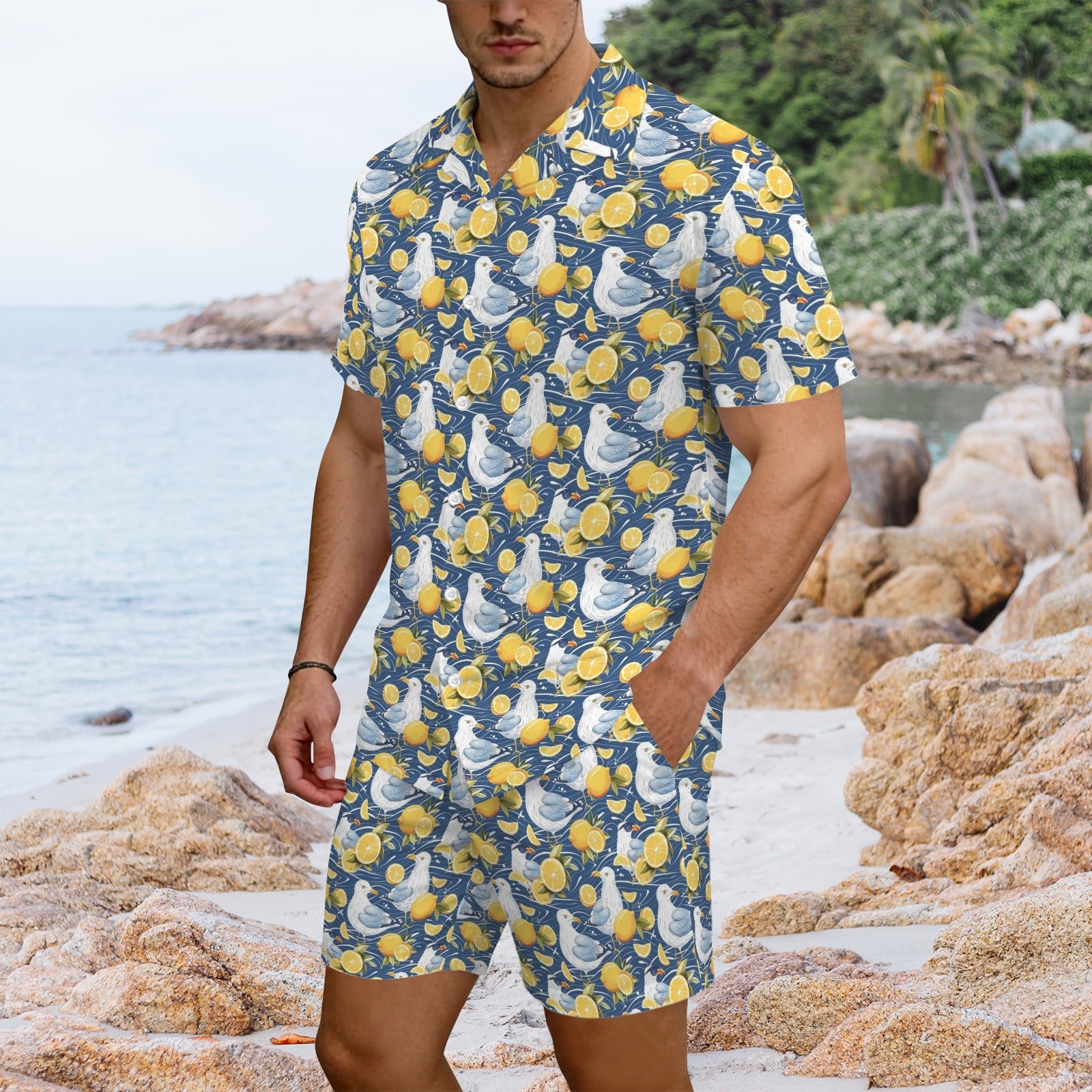 Lemon Seagull Men's Hawaiian Shirt & Shorts Set Men's Hawaiian Shirt & Shorts Set animal Printed Offshore
