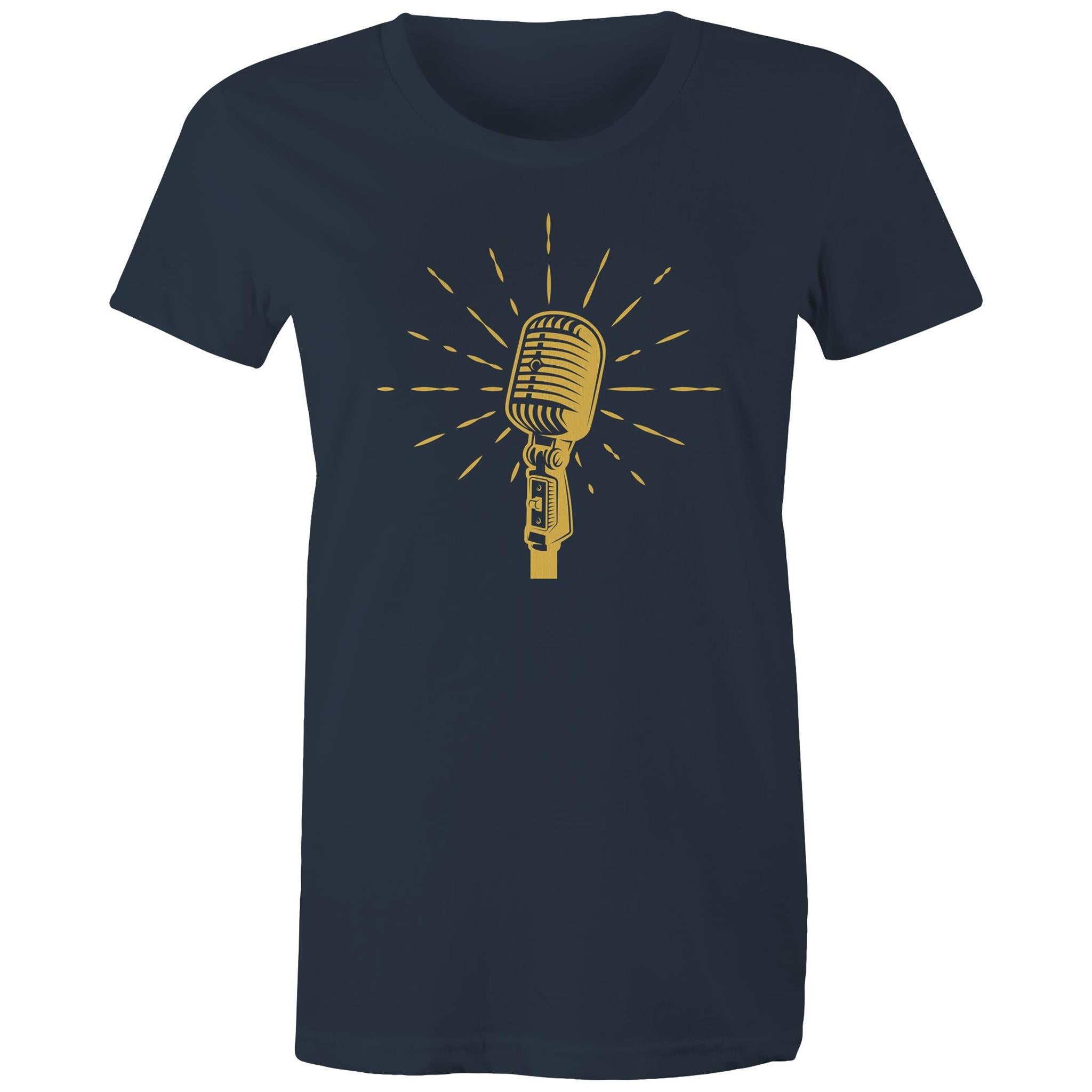 Retro Microphone - Womens T-shirt Navy Womens T-shirt Music Printed In Australia Retro
