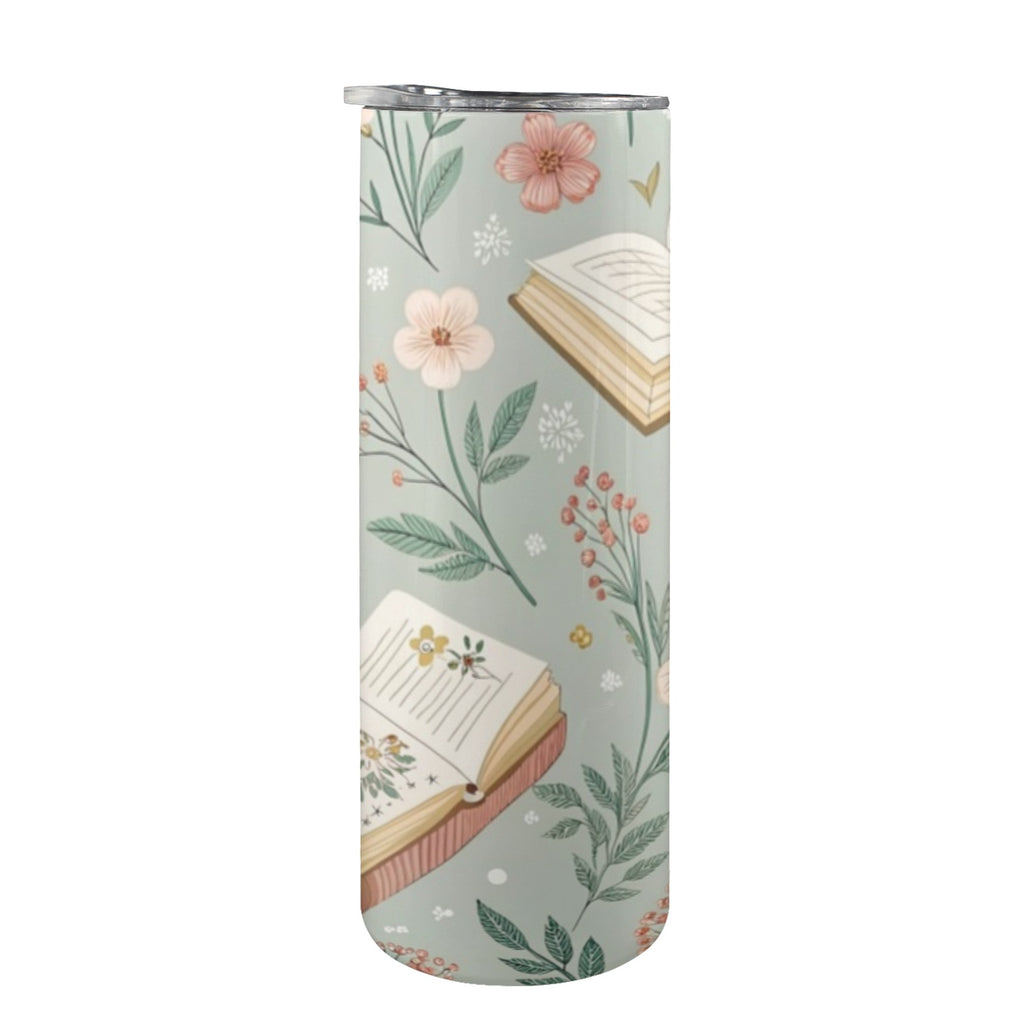 Books And Flowers In Green - 20oz Tall Skinny Tumbler with Lid and Straw