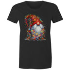 Christmas Gnome Wrapped In Lights - Womens T-shirt Black Womens Christmas T-shirt Christmas Printed In Australia