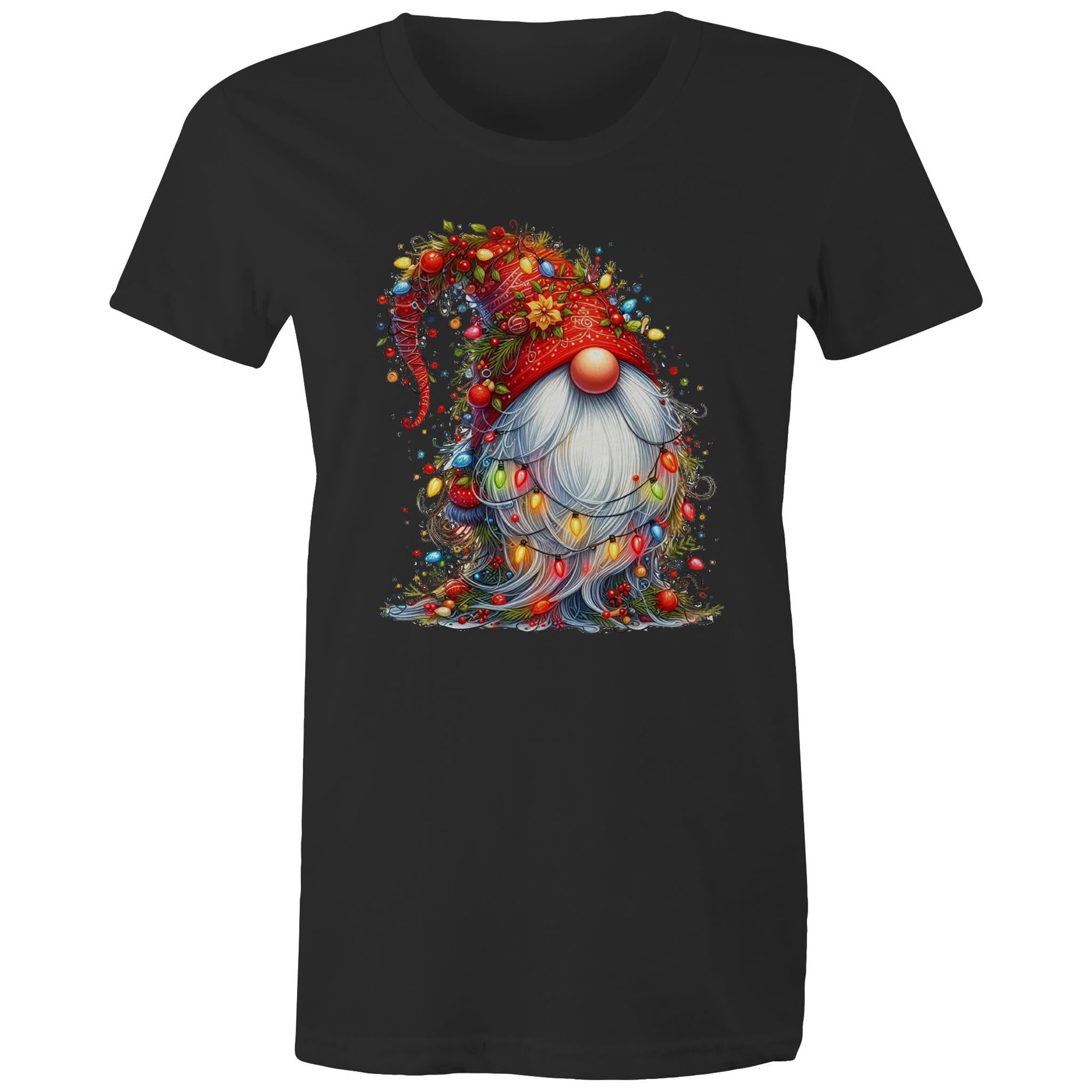 Christmas Gnome Wrapped In Lights - Womens T-shirt Black Womens Christmas T-shirt Christmas Printed In Australia