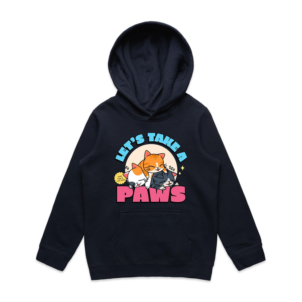 Cat Nap, Let's Take A Paws - Kids Hoodie Navy Kids Hoodie Printed In Australia