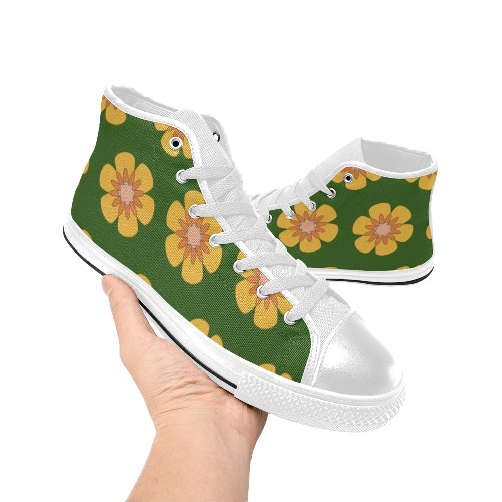 Yellow Flowers On Green Kids High Top Canvas Shoes Kids High Top Canvas Shoes Plants Printed Offshore