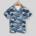 Japanese Waves Kids Youth Short Sleeve Button Up Shirt