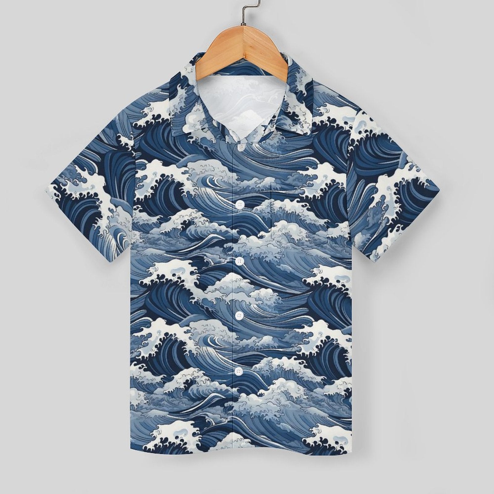 Japanese Waves Kids Youth Short Sleeve Button Up Shirt