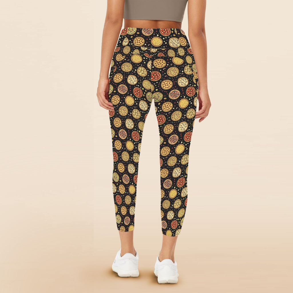 Round Pizzas On Black Women's High Waist Pockets Yoga Leggings Women's High Waist Pockets Yoga Leggings Food Printed Offshore