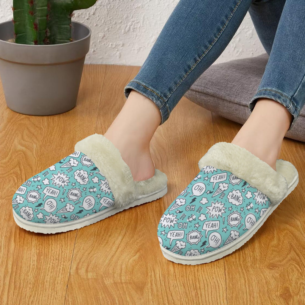 Comic Book Speech Bubbles Women's Fur Trim Thick-Sole Indoor Slippers Women's Fur Trimmed Slippers comic Printed Offshore