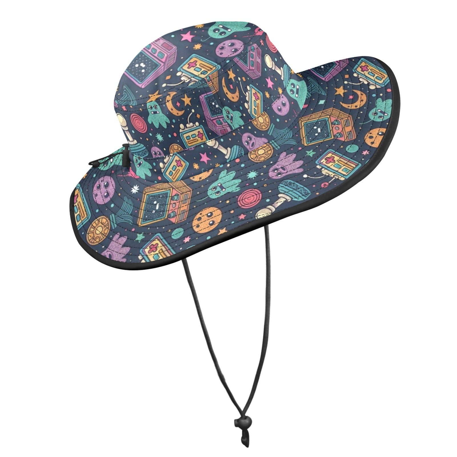 Space Arcade Wide Brim Bucket Hat Wide Brim Bucket Hat Games Printed Offshore Retro