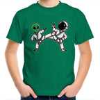 Alien And Astronaut Karate - Kids Youth T-Shirt Kelly Green Kids Youth T-shirt Printed In Australia Sci Fi Space