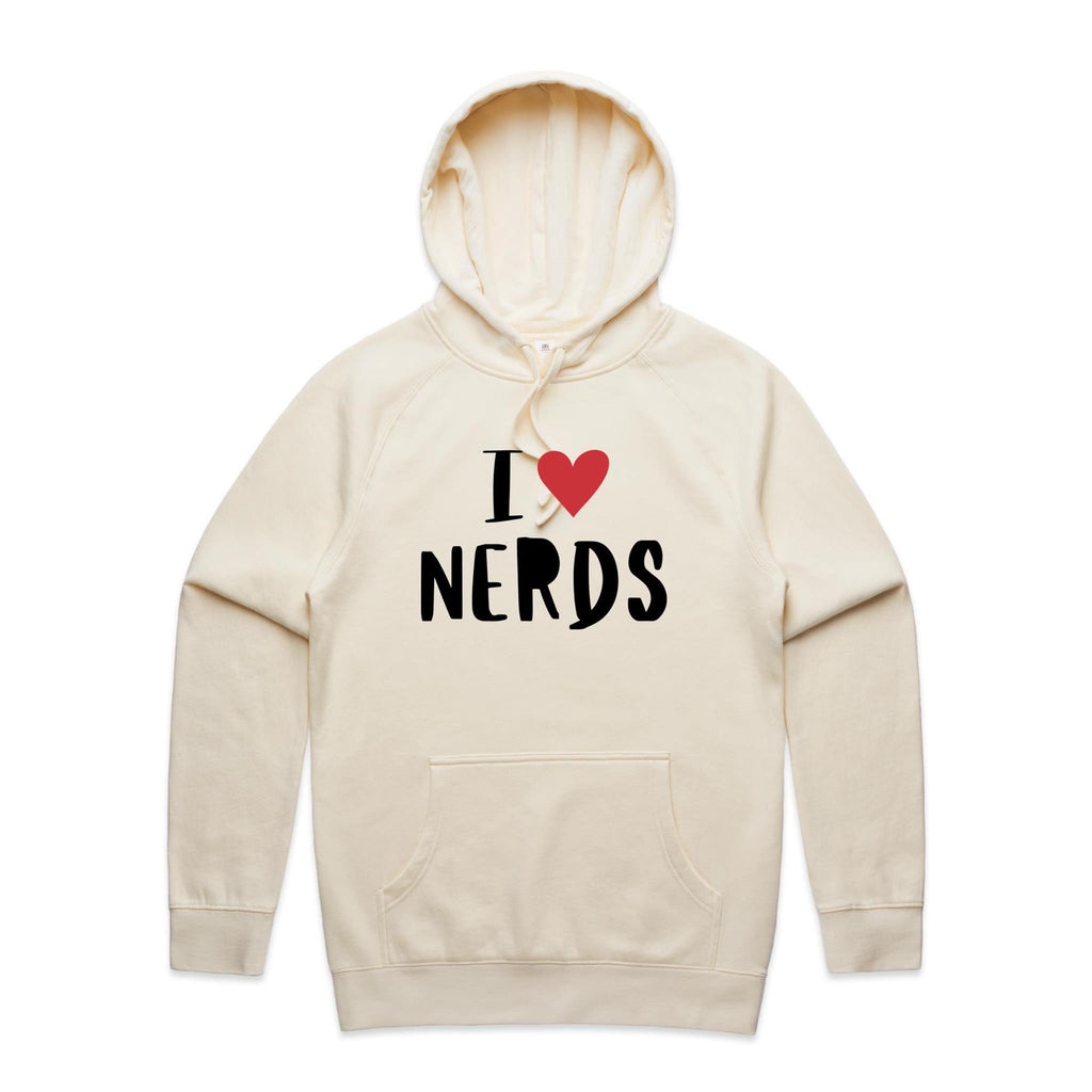 I Love Nerds, Red Heart - Mens Hoodie Ecru Mens Hoodie Printed In Australia