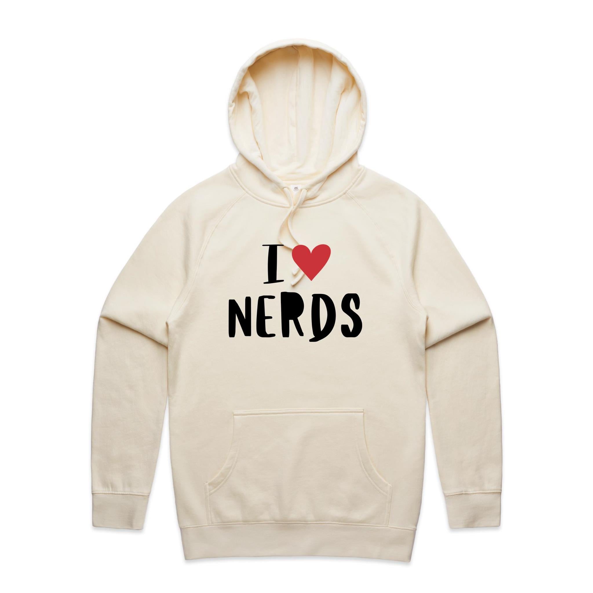 I Love Nerds, Red Heart - Mens Hoodie Ecru Mens Hoodie Printed In Australia