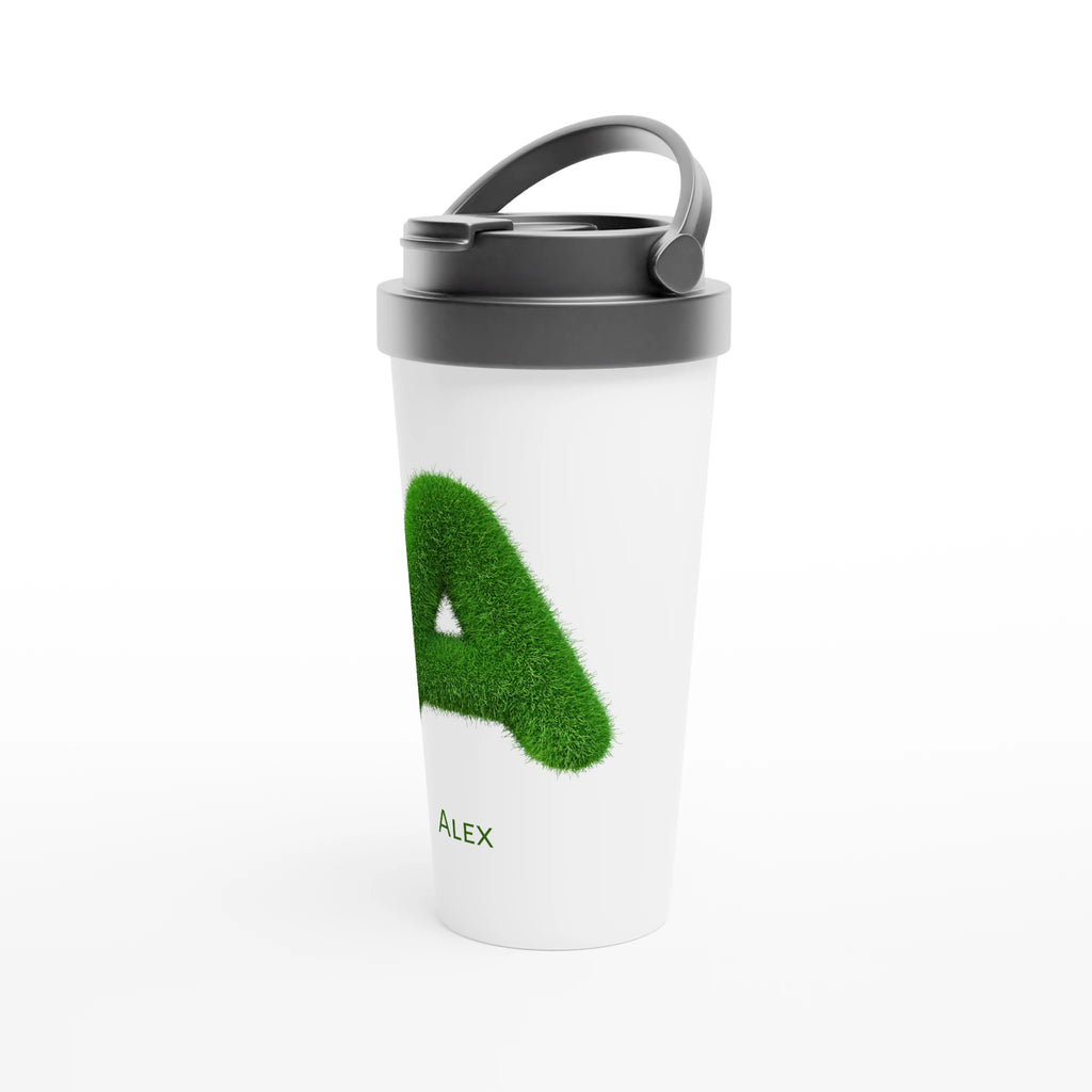 Personalised - Grass Initial - White 15oz Stainless Steel Travel Mug Personalised Travel Mug Customise Globally Fulfilled Initial Name Personalise