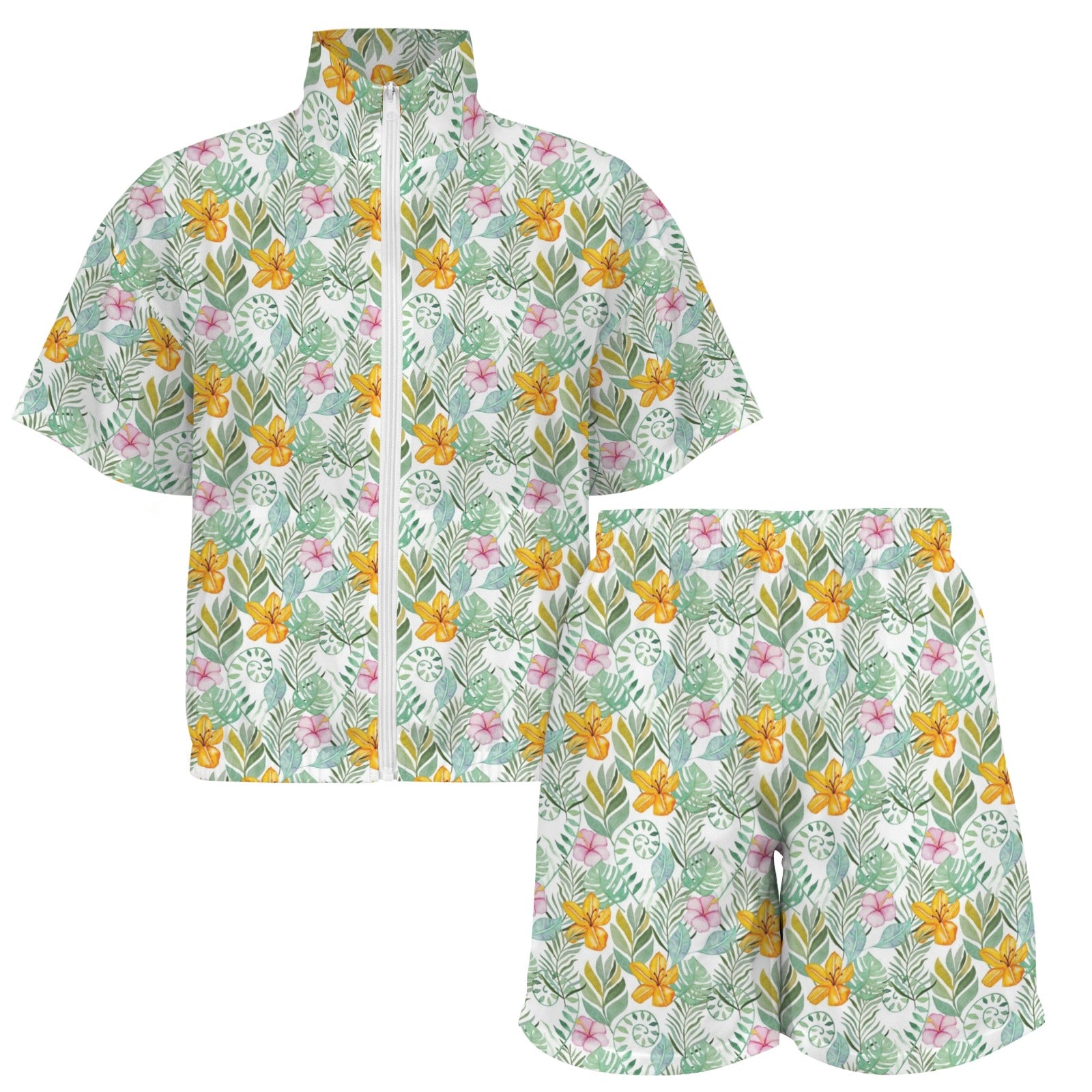 Tropical Flowers And Leaves Women's Windbreaker Short Set Women's Windbreaker Short Set Plants Printed Offshore