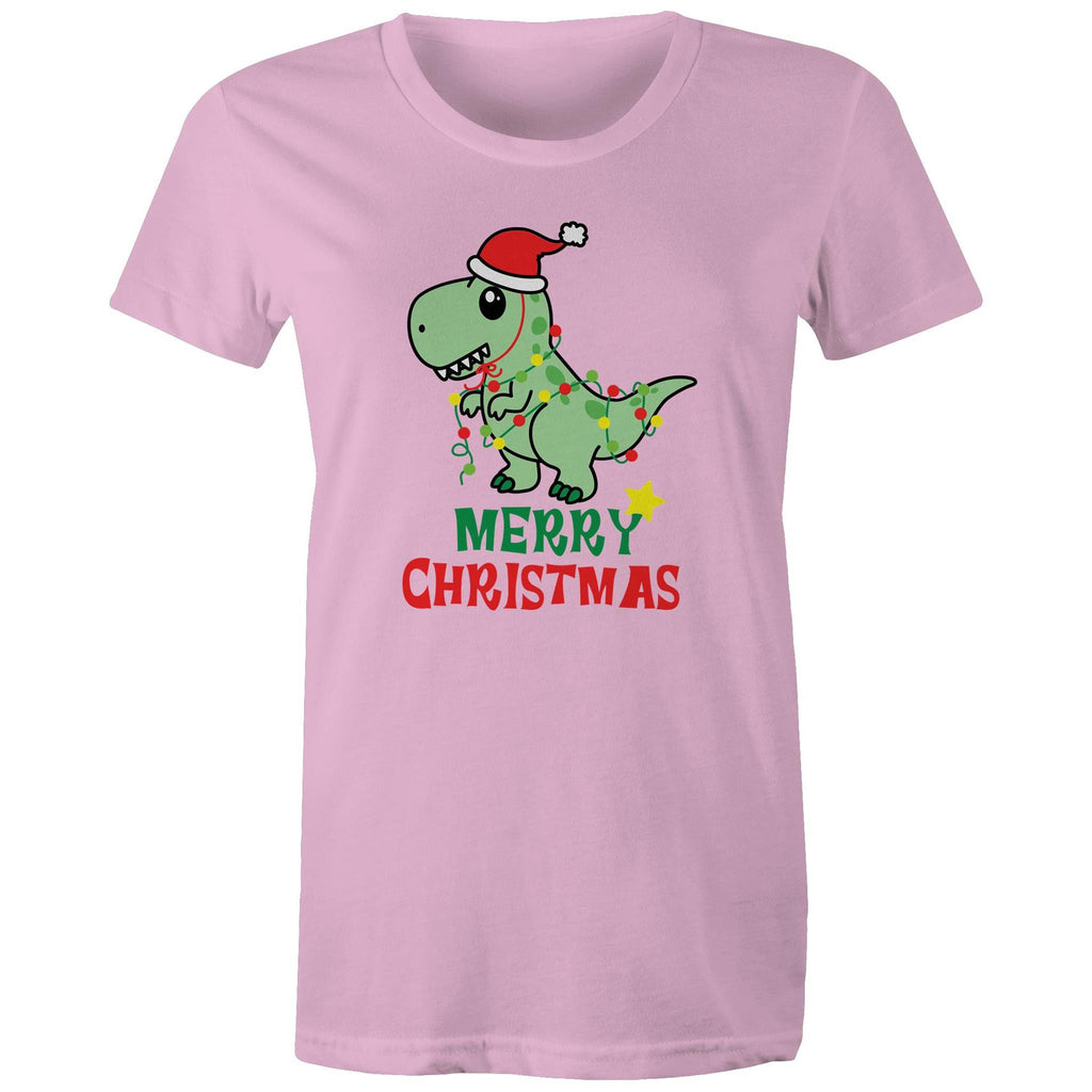Dinosaur Santa, Merry Christmas - Womens T-shirt Pink Womens Christmas T-shirt Christmas Printed In Australia