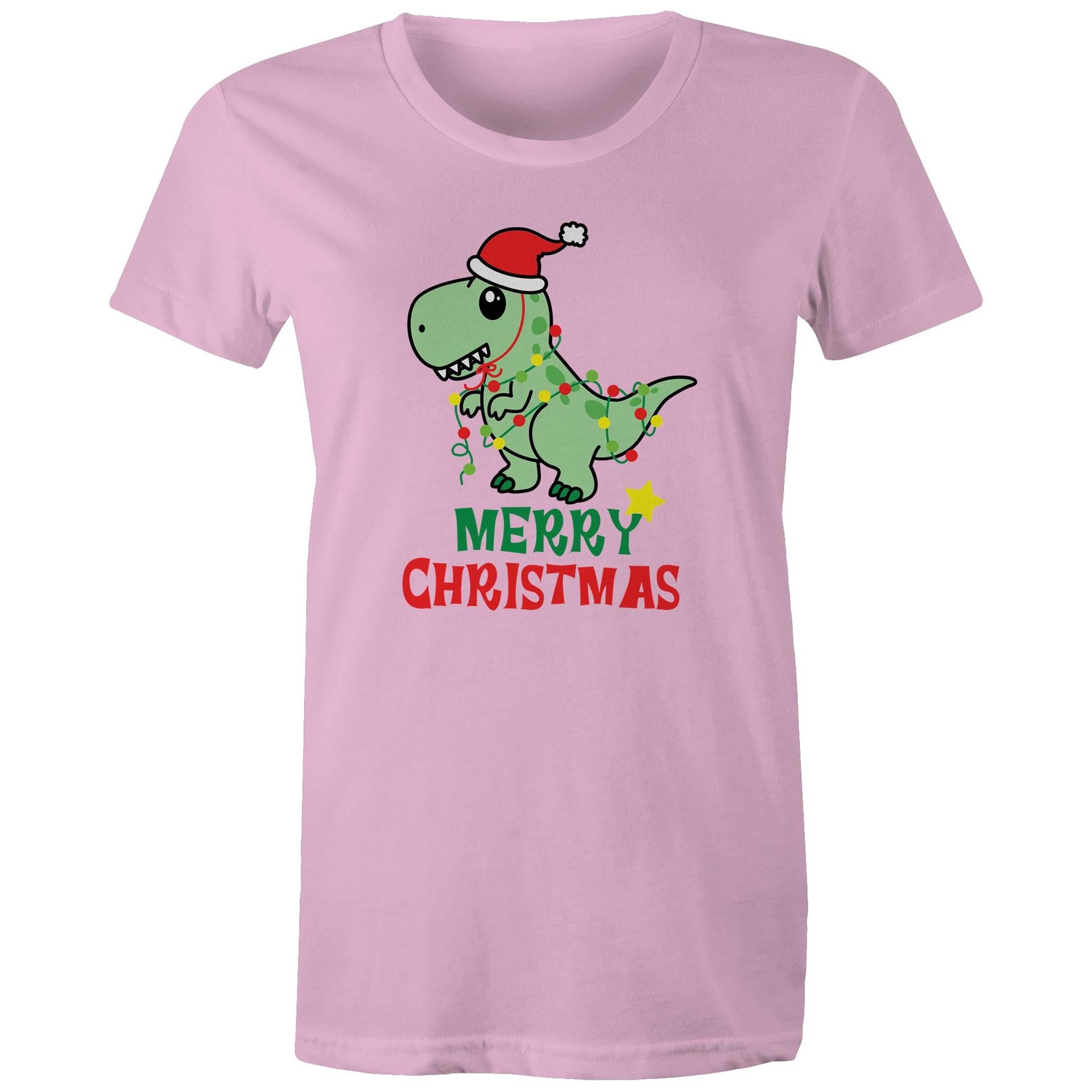 Dinosaur Santa, Merry Christmas - Womens T-shirt Pink Womens Christmas T-shirt Christmas Printed In Australia