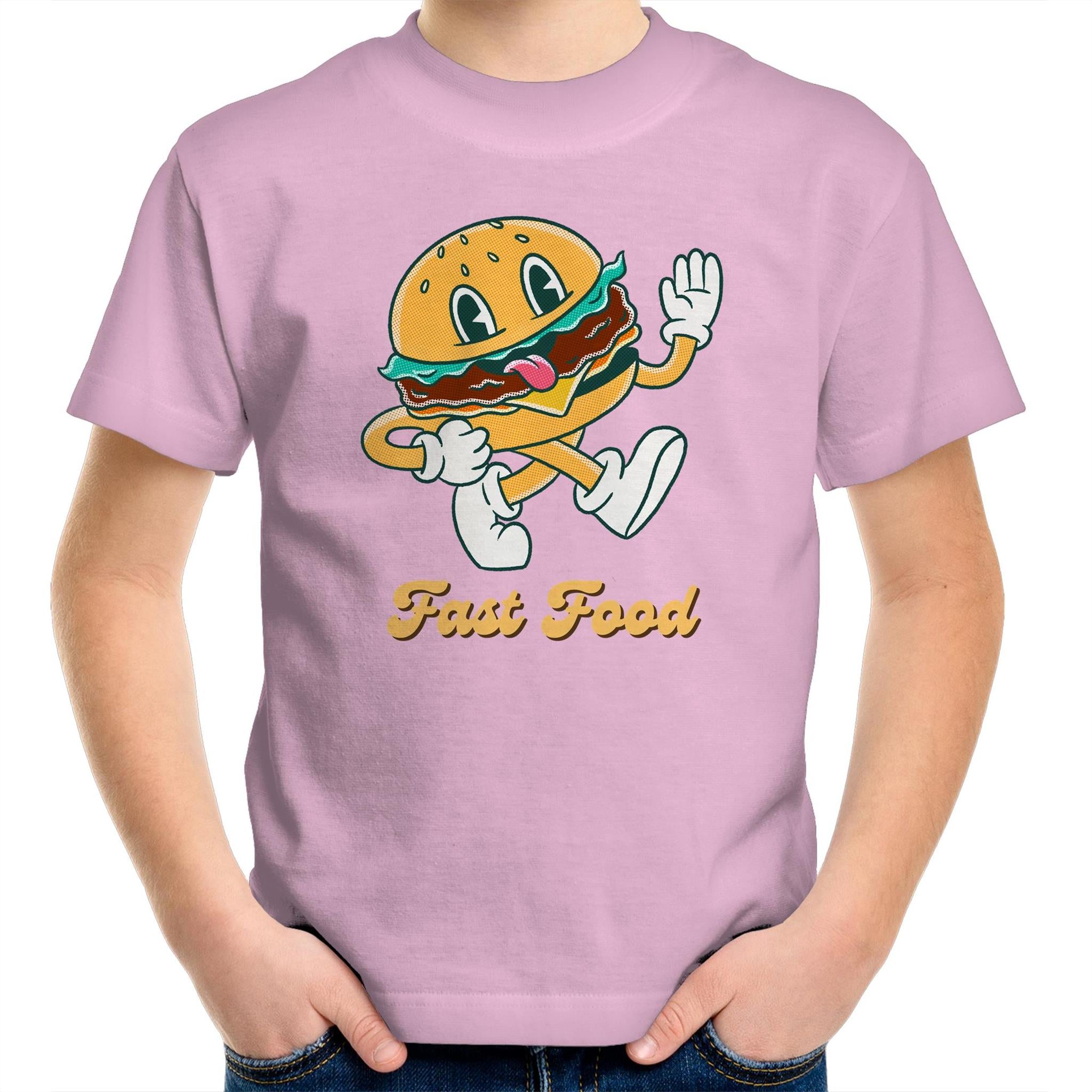 Fast Food, Hamburger - Kids Youth T-Shirt Pink Kids Youth T-shirt Food Printed In Australia Retro