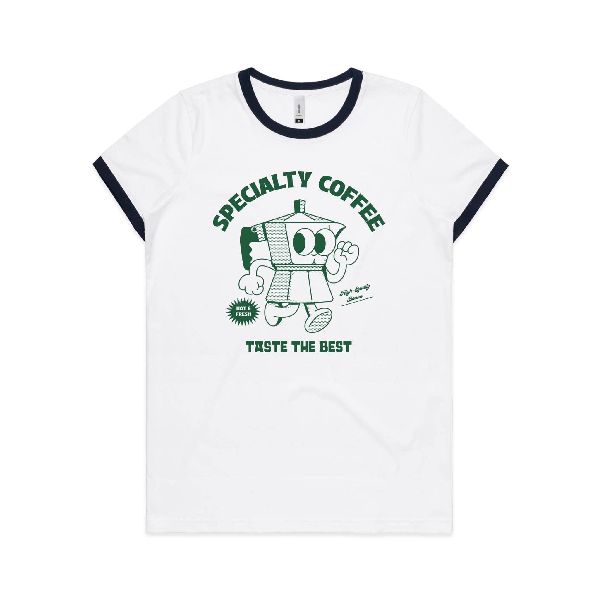 Specialty Coffee - Women's Ringer Tee White Navy Womens Ringer T-shirt Coffee Printed In Australia