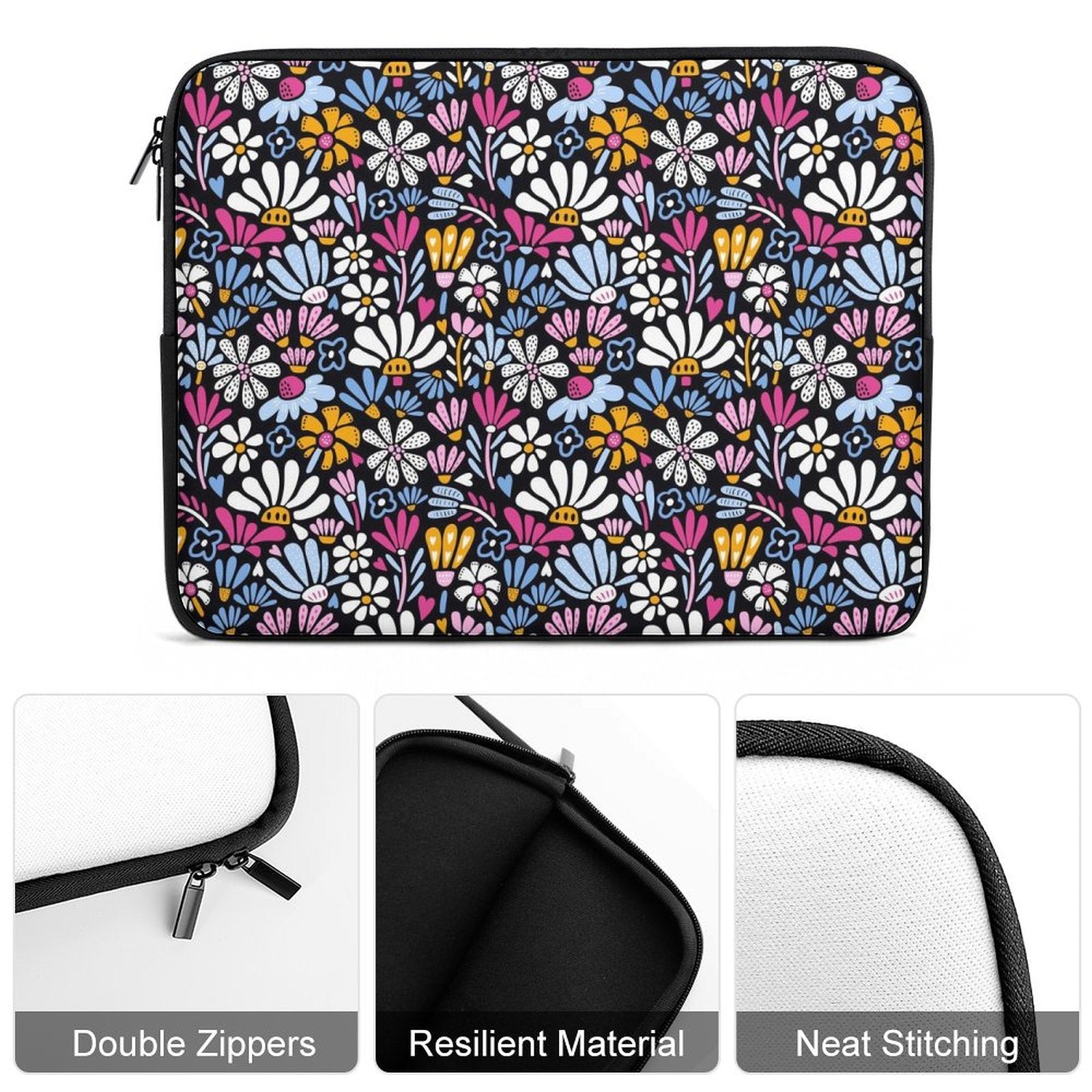 Graphic Flowers On Black Laptop Sleeve (Multiple Sizes) Laptop Sleeve Plants Printed Offshore