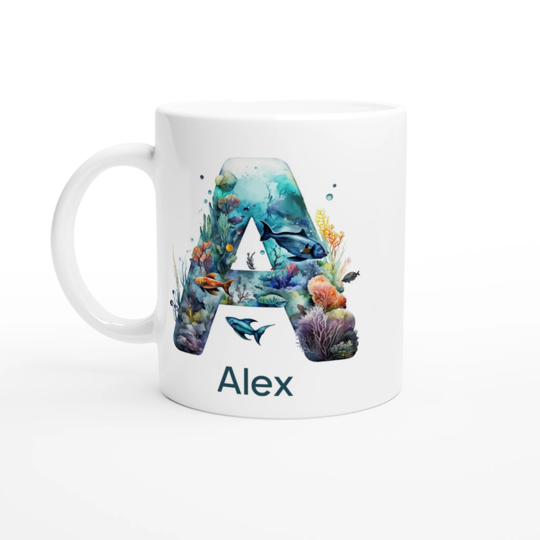 Coral Sea Initial - 11oz Ceramic Mug Ceramic White Personalised 11oz Mug customise Globally Fulfilled Initial Name Ocean personalise