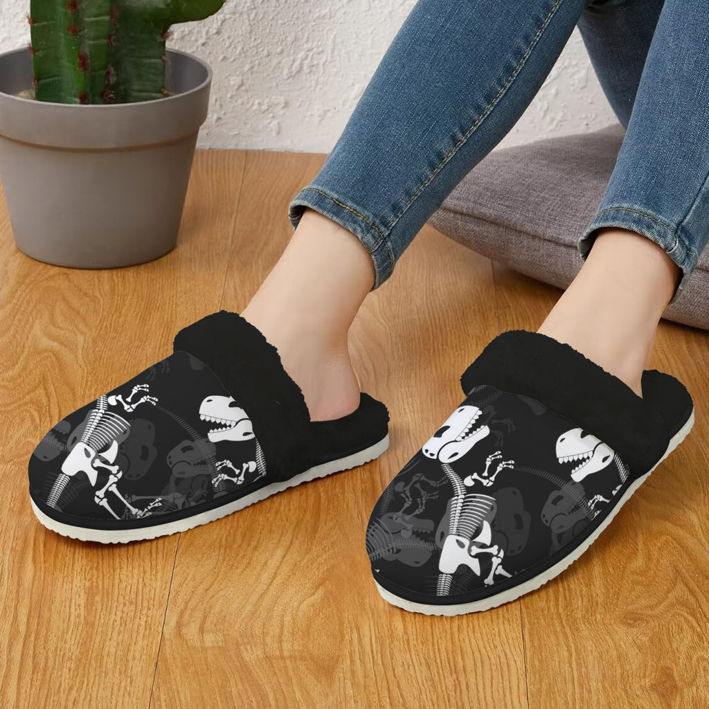 Dinosaur Skeleton Women's Fur Trim Thick-Sole Indoor Slippers Women's Fur Trimmed Slippers animal Printed Offshore