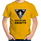 Adventure Awaits, Spaceship - Kids Youth T-Shirt Gold Kids Youth T-shirt Printed In Australia Space