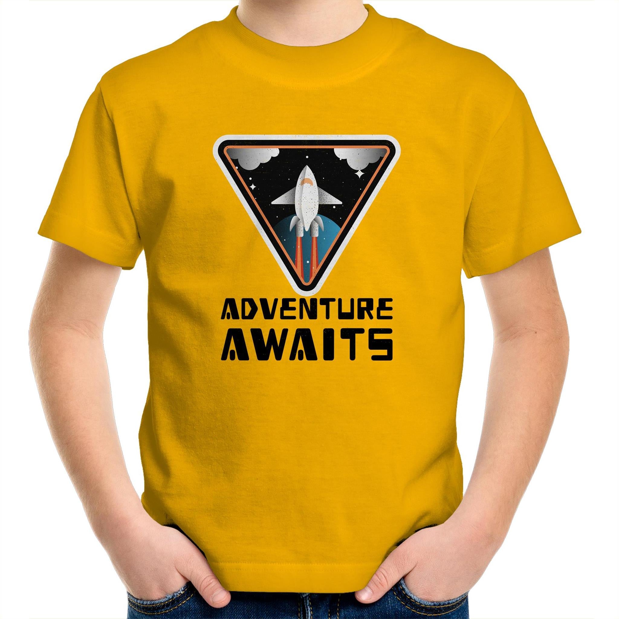 Adventure Awaits, Spaceship - Kids Youth T-Shirt Gold Kids Youth T-shirt Printed In Australia Space