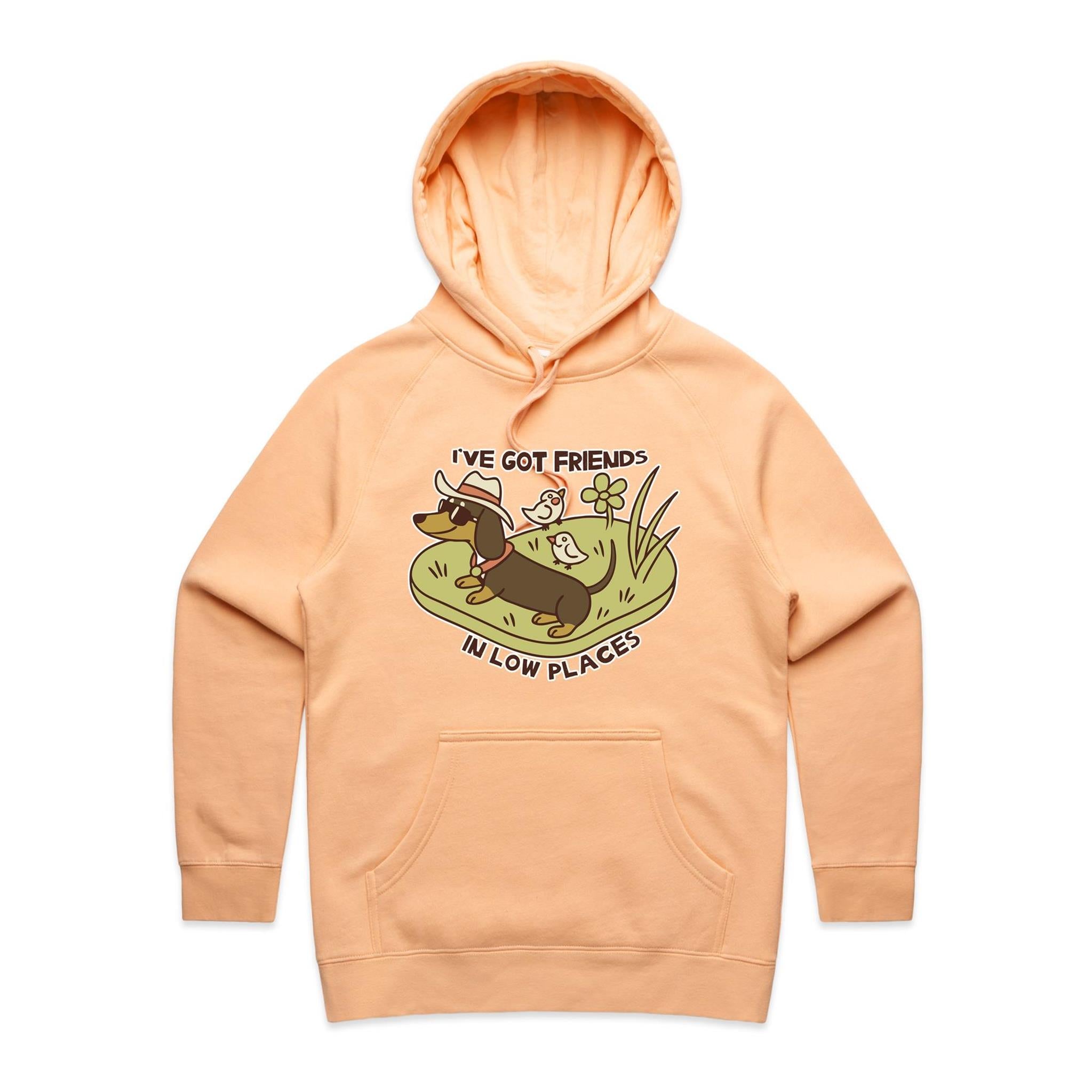 Dachshund, I've Got Friends In Low Places Women's AS Colour Hoodie Peach Womens Hoodie animal Printed In Australia