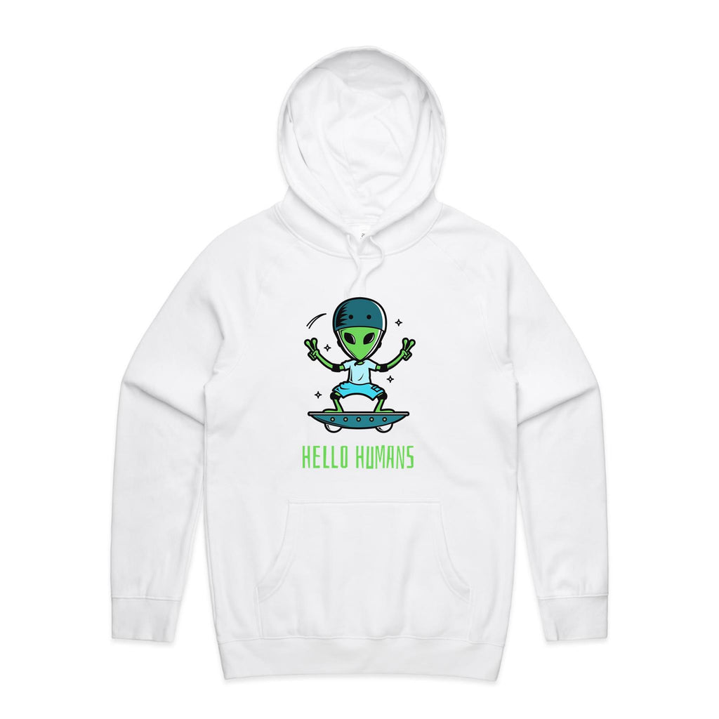 Hello Humans, Alien Skate - Mens Hoodie White Mens Hoodie Printed In Australia Sci Fi