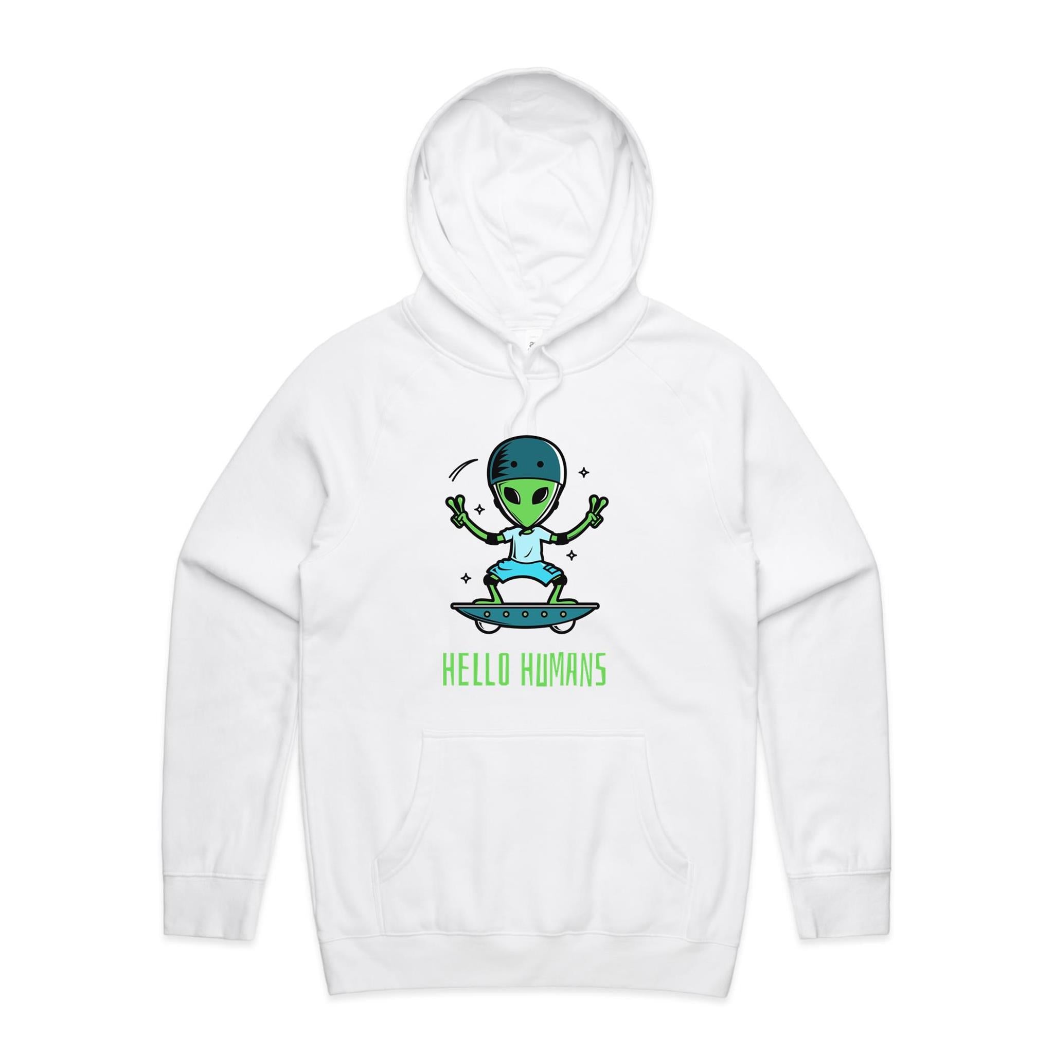 Hello Humans, Alien Skate - Mens Hoodie White Mens Hoodie Printed In Australia Sci Fi