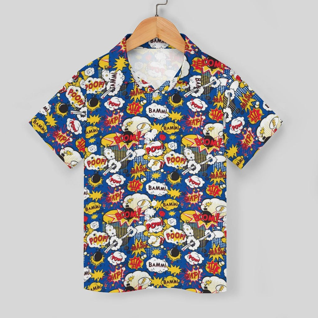 Comic Book Blue Kids Youth Short Sleeve Button Up Shirt