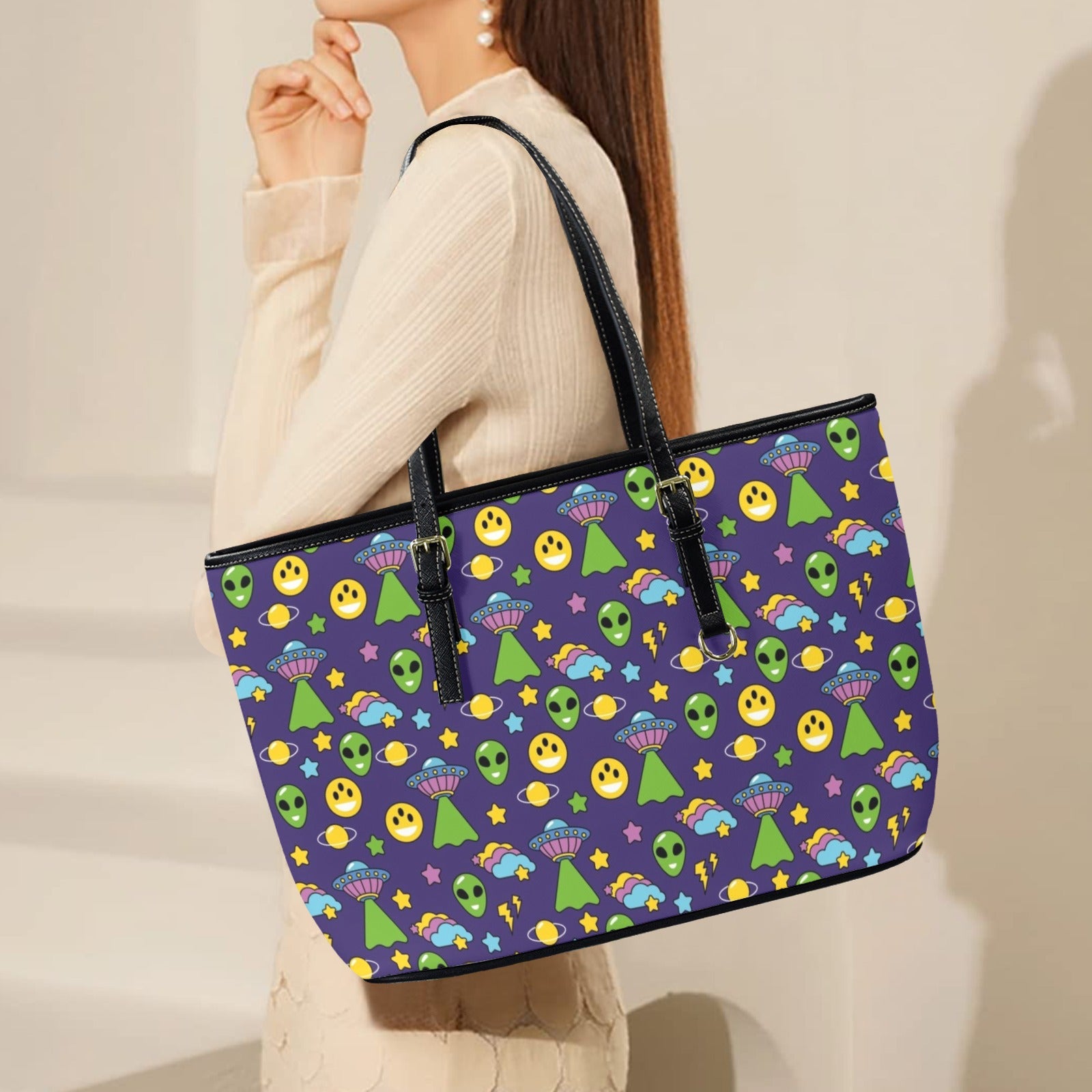Groovy Alien And UFO PU Leather Tote Bag Large