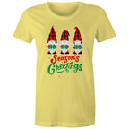 Christmas Gnomes, Seasons Greetings - Womens T-shirt Yellow Womens Christmas T-shirt Christmas Printed In Australia
