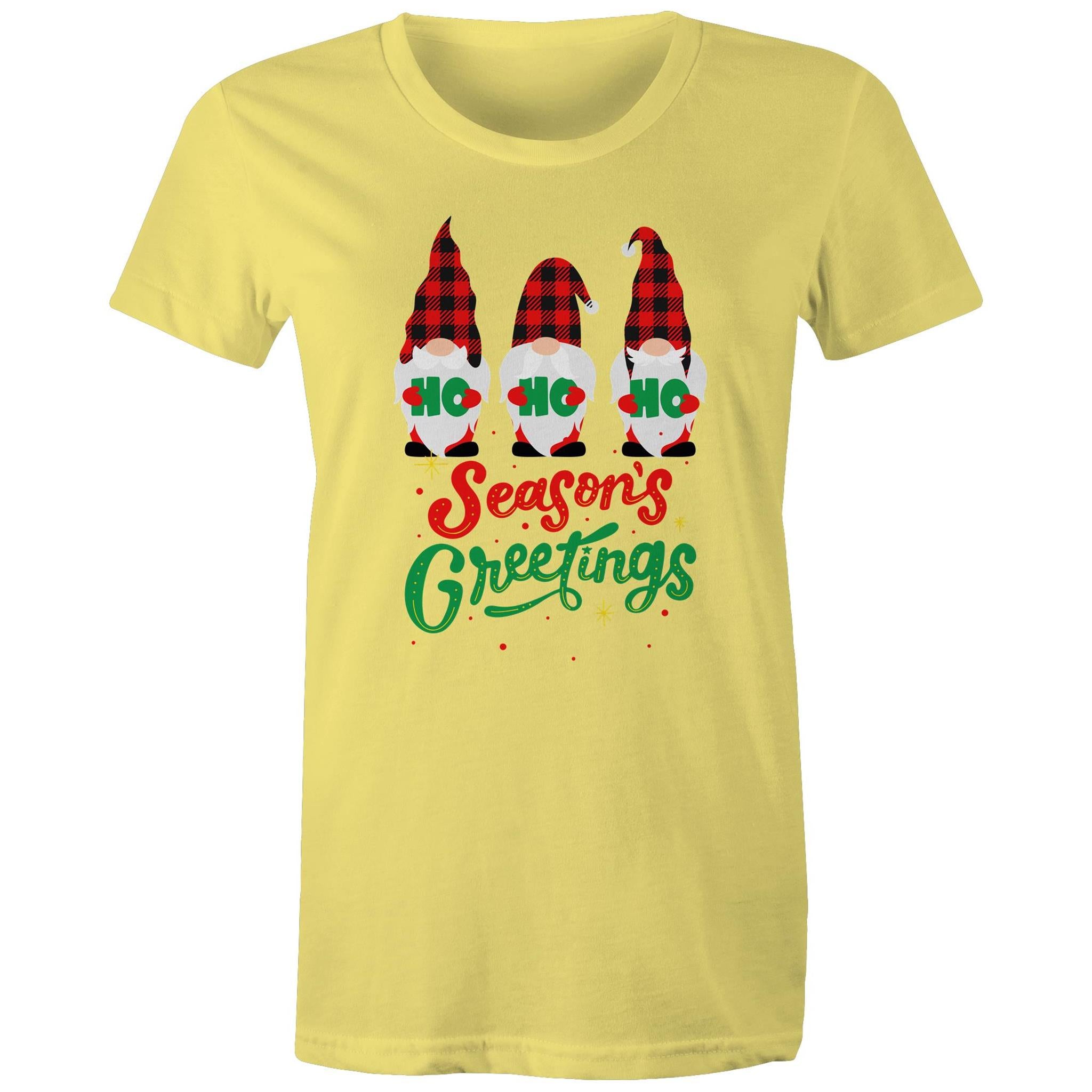 Christmas Gnomes, Seasons Greetings - Womens T-shirt Yellow Womens Christmas T-shirt Christmas Printed In Australia