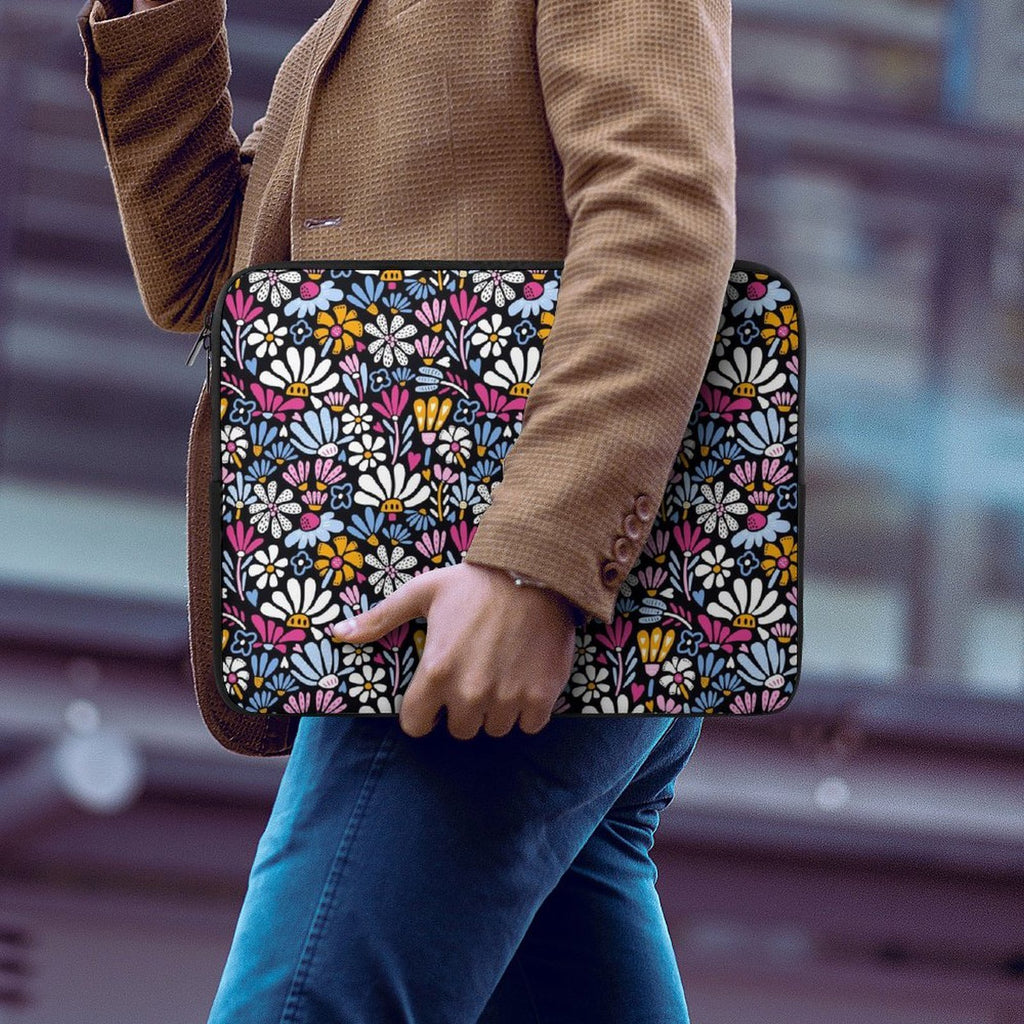 Graphic Flowers On Black Laptop Sleeve (Multiple Sizes) Laptop Sleeve Plants Printed Offshore