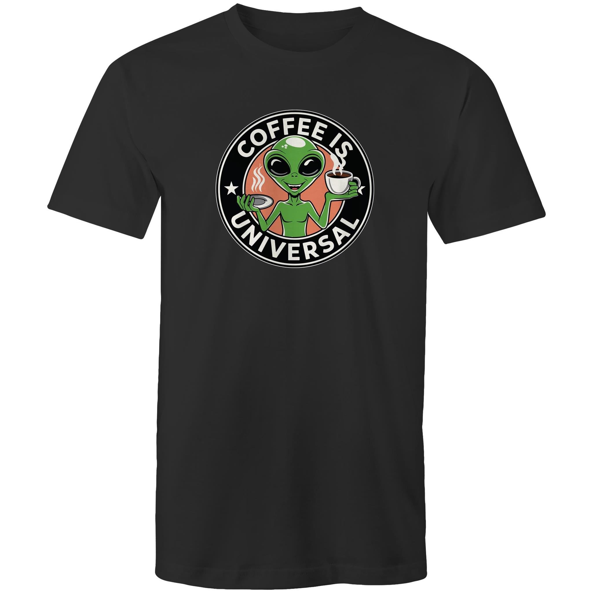 Coffee Is Universal, Alien - Mens T-Shirt Black Mens T-shirt Coffee Printed In Australia Sci Fi