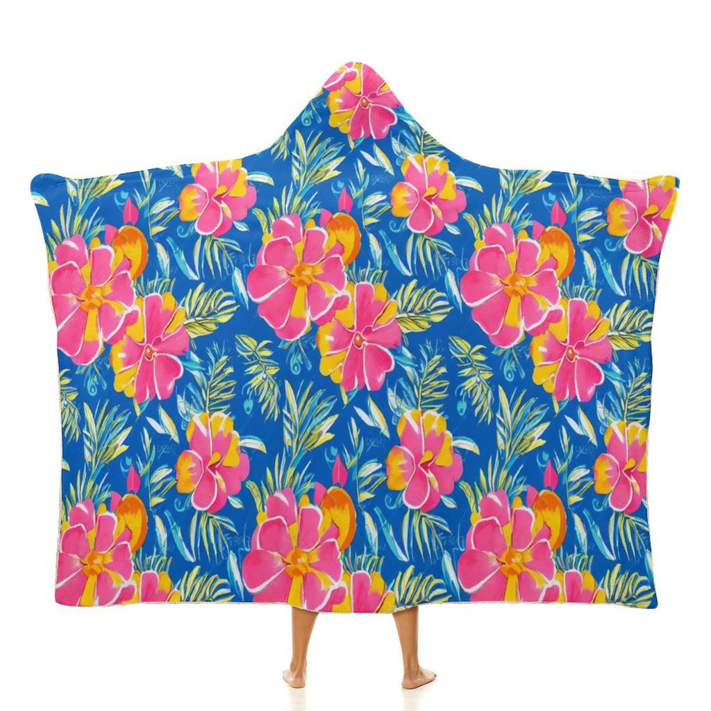 Tropical Flower in Blue And Pink Kids Hooded Blanket 100cm x 130cm white 40"×50" Kids Hooded Blanket Plants Printed Offshore