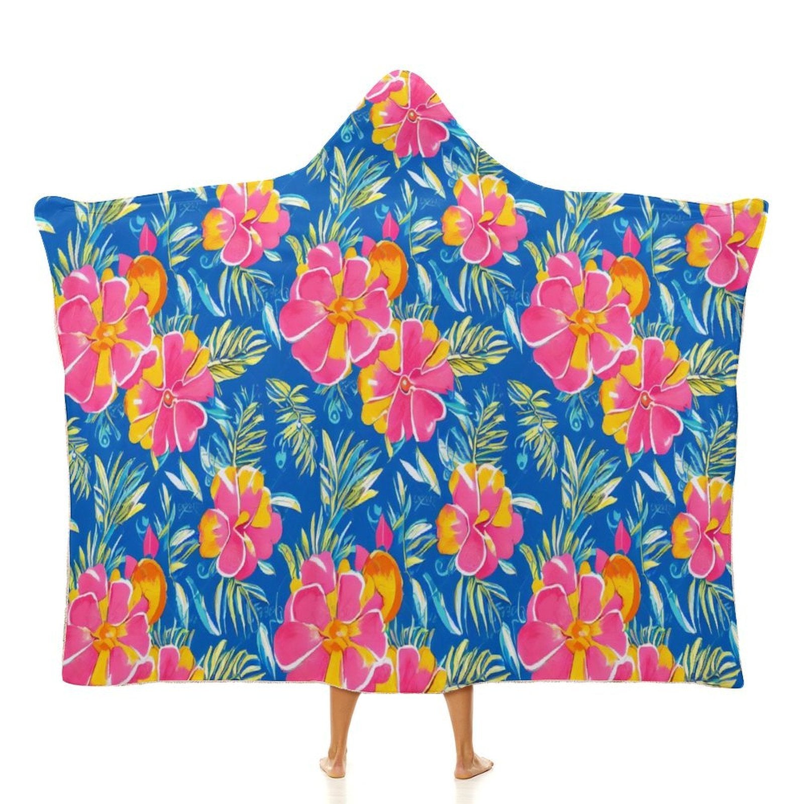 Tropical Flower in Blue And Pink Kids Hooded Blanket 100cm x 130cm white 40"×50" Kids Hooded Blanket Plants Printed Offshore