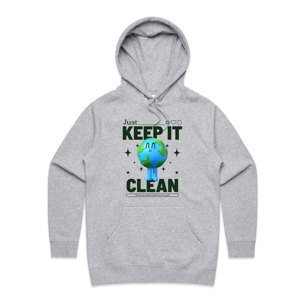 Earth, Just Keep It Clean - Womens Hoodie Grey Marle Womens Hoodie Environment Printed In Australia