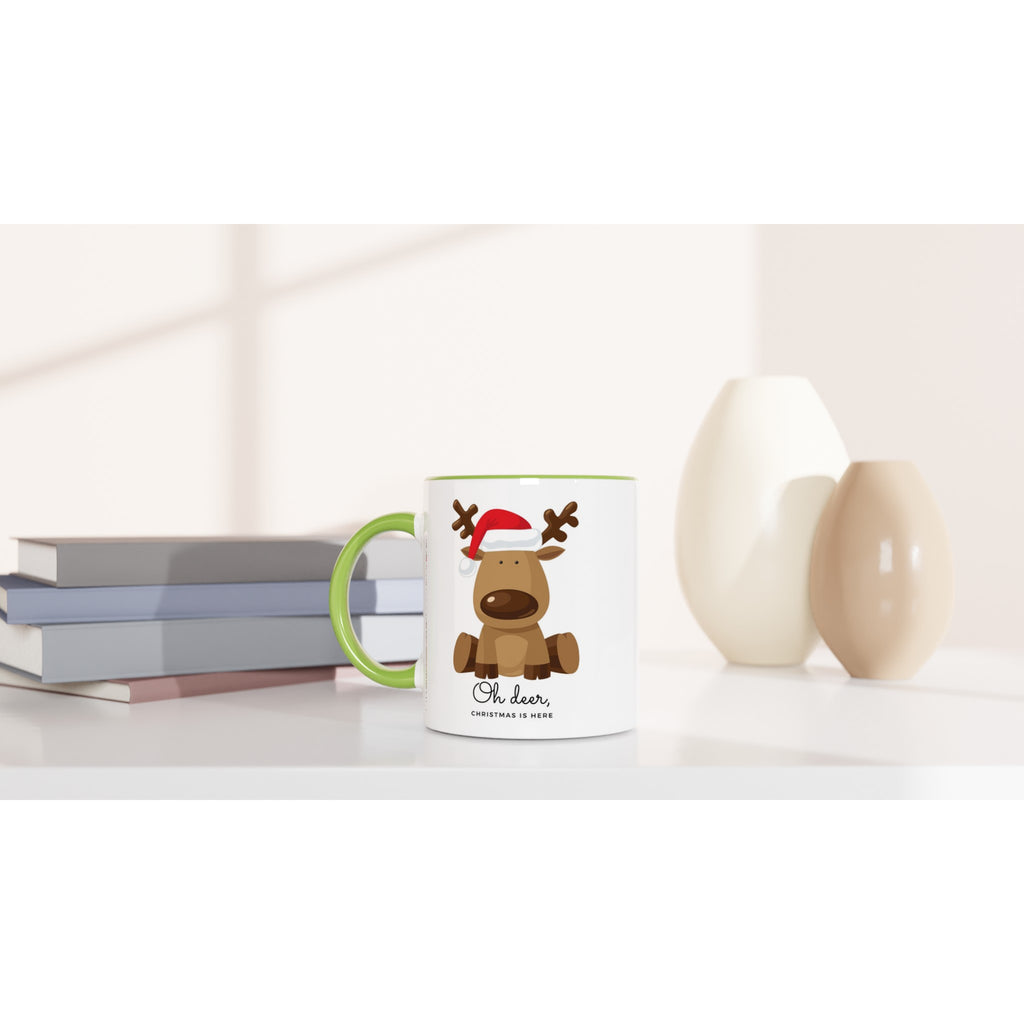 Oh Deer, Christmas Is Here - White 11oz Ceramic Mug with Colour Inside Christmas Colour Mug Christmas Globally Fulfilled