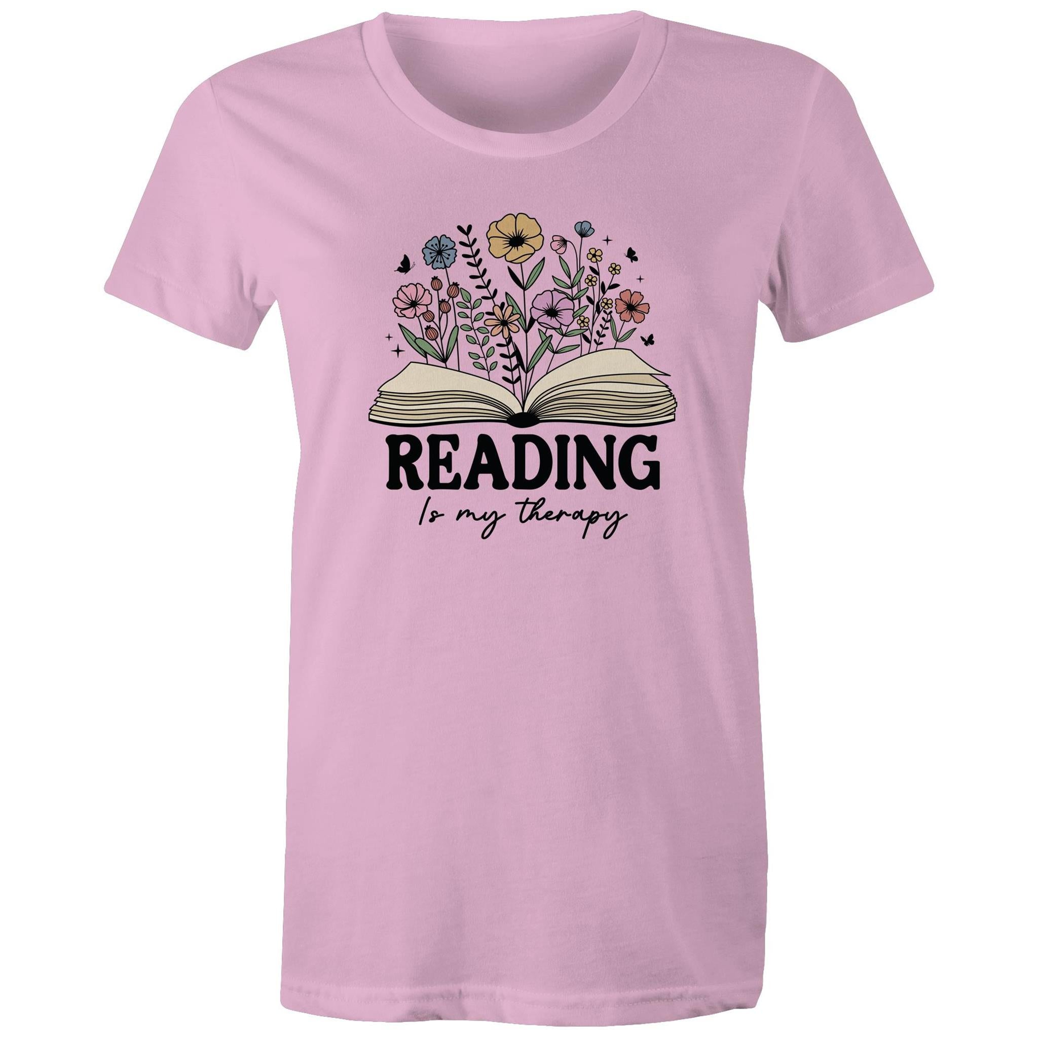 Reading Is My Therapy - Womens T-shirt Pink Womens T-shirt Printed In Australia Reading