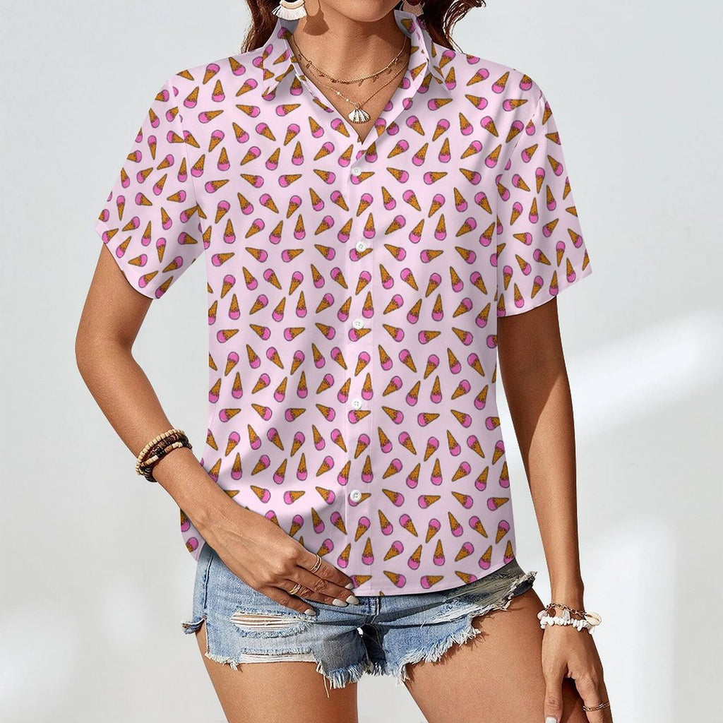 Pink Ice Cream Cones Women's Collared Pocketless Short Sleeve Shirt