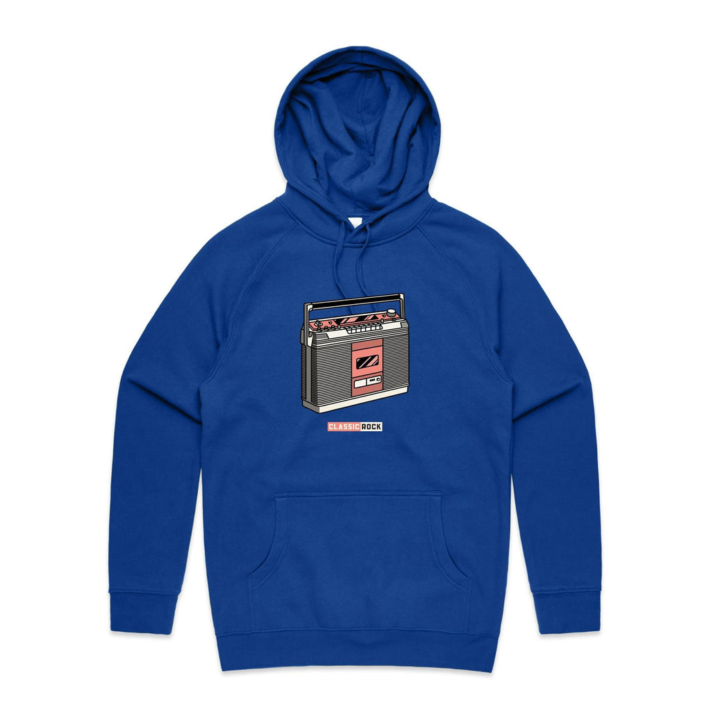 Classic Rock, Cassette Player - Mens Hoodie Bright Royal Mens Hoodie Music Printed In Australia